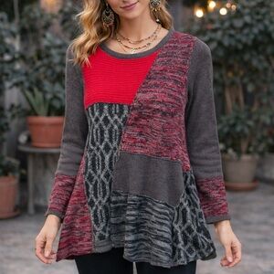 Style & Co Vintage Y2K Patchwork Boho Tunic Sweater Flared Hem Medium